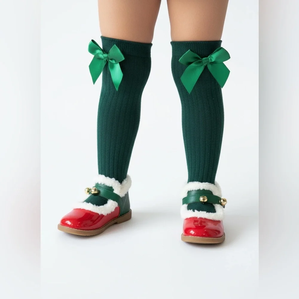 Kids Green Knee High Socks With Bow